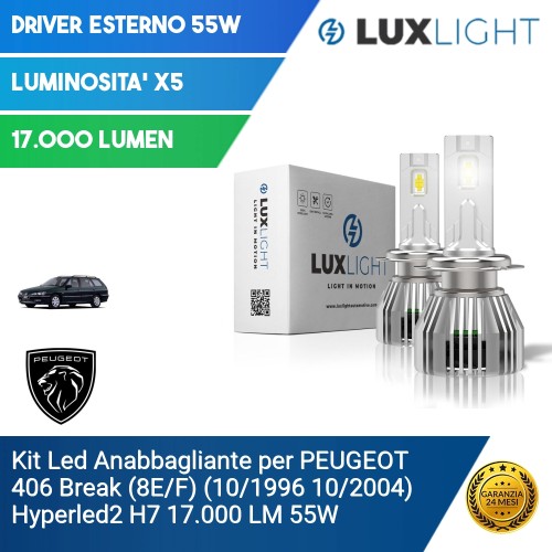 Kit Led Anabbagliante per PEUGEOT 406 Break (8E/F) (10/1996 10/2004) Hyperled2 H7 17.000 LM 55W