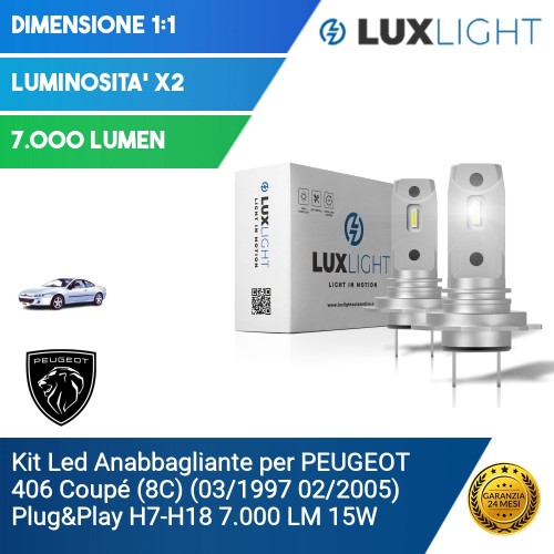 Kit Led Anabbagliante per PEUGEOT 406 Coupé (8C) (03/1997 02/2005) Plug&Play H7-H18 7.000 LM 15W