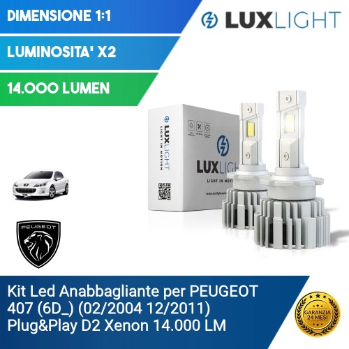 Kit Led Anabbagliante per PEUGEOT 407 (6D_) (02/2004 12/2011) Plug&Play D2 Xenon 14.000 LM