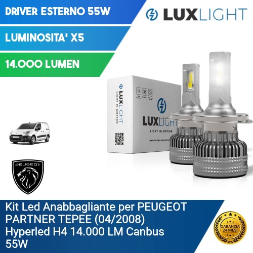 Kit Led Anabbagliante per PEUGEOT PARTNER TEPEE (04/2008) Hyperled H4 14.000 LM Canbus 55W