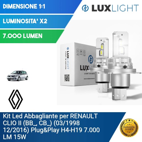 Kit Led Abbagliante per RENAULT CLIO II (BB_, CB_) (03/1998 12/2016) Plug&Play H4-H19 7.000 LM 15W