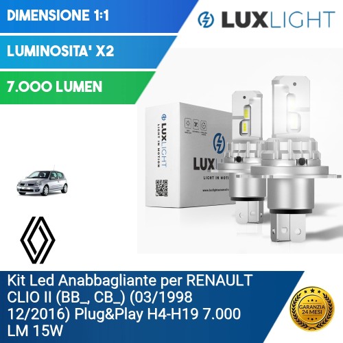 Kit Led Anabbagliante per RENAULT CLIO II (BB_, CB_) (03/1998 12/2016) Plug&Play H4-H19 7.000 LM 15W