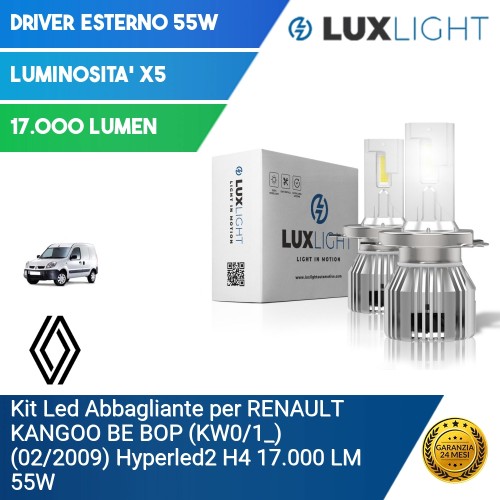 Kit Led Abbagliante per RENAULT KANGOO BE BOP (KW0/1_) (02/2009) Hyperled2 H4 17.000 LM 55W