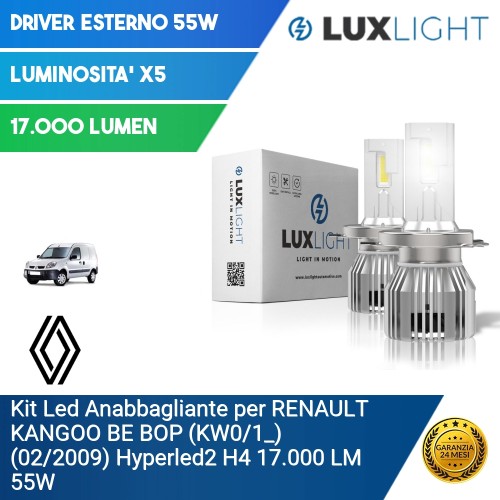 Kit Led Anabbagliante per RENAULT KANGOO BE BOP (KW0/1_) (02/2009) Hyperled2 H4 17.000 LM 55W