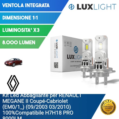 Kit Led Abbagliante per RENAULT MEGANE II Coupé-Cabriolet (EM0/1_) (09/2003 03/2010) 100%Compatibile H7H18 PRO 8000LM