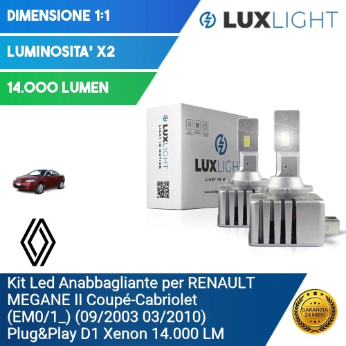 Kit Led Anabbagliante per RENAULT MEGANE II Coupé-Cabriolet (EM0/1_) (09/2003 03/2010) Plug&Play D1 Xenon 14.000 LM