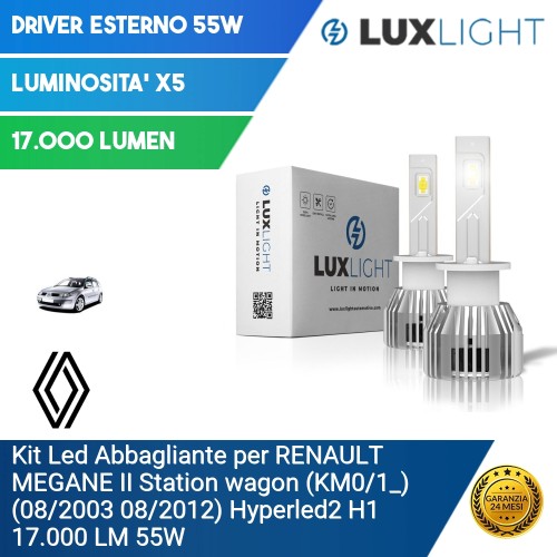 Kit Led Abbagliante per RENAULT MEGANE II Station wagon (KM0/1_) (08/2003 08/2012) Hyperled2 H1 17.000 LM 55W