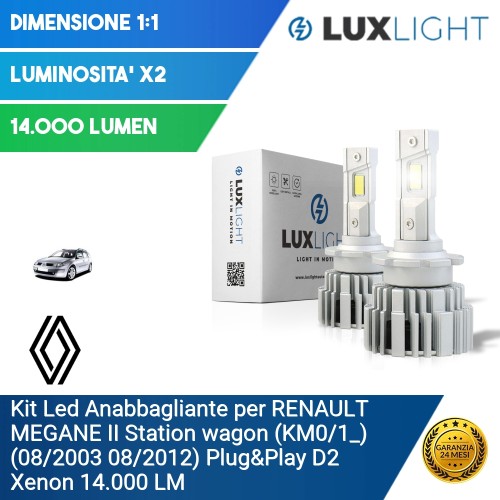 Kit Led Anabbagliante per RENAULT MEGANE II Station wagon (KM0/1_) (08/2003 08/2012) Plug&Play D2 Xenon 14.000 LM