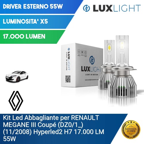 Kit Led Abbagliante per RENAULT MEGANE III Coupé (DZ0/1_) (11/2008) Hyperled2 H7 17.000 LM 55W