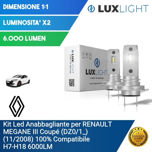 Kit Led Anabbagliante per RENAULT MEGANE III Coupé (DZ0/1_) (11/2008) 100% Compatibile H7-H18 6000LM