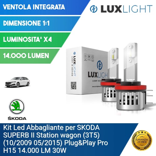 Kit Led Abbagliante per SKODA SUPERB II Station wagon (3T5) (10/2009 05/2015) Plug&Play Pro H15 14.000 LM 30W