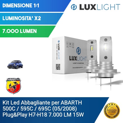 Kit Led Abbagliante per ABARTH 500C / 595C / 695C (05/2008) Plug&Play H7-H18 7.000 LM 15W