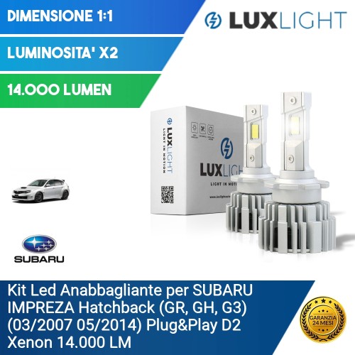 Kit Led Anabbagliante per SUBARU IMPREZA Hatchback (GR, GH, G3) (03/2007 05/2014) Plug&Play D2 Xenon 14.000 LM