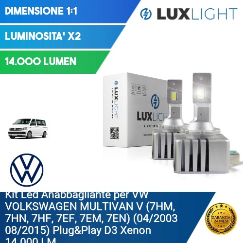 Kit Led Anabbagliante per VW VOLKSWAGEN MULTIVAN V (7HM, 7HN, 7HF, 7EF, 7EM, 7EN) (04/2003 08/2015) Plug&Play D3 Xenon 14.000 LM