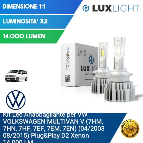 Kit Led Anabbagliante per VW VOLKSWAGEN MULTIVAN V (7HM, 7HN, 7HF, 7EF, 7EM, 7EN) (04/2003 08/2015) Plug&Play D2 Xenon 14.000 LM