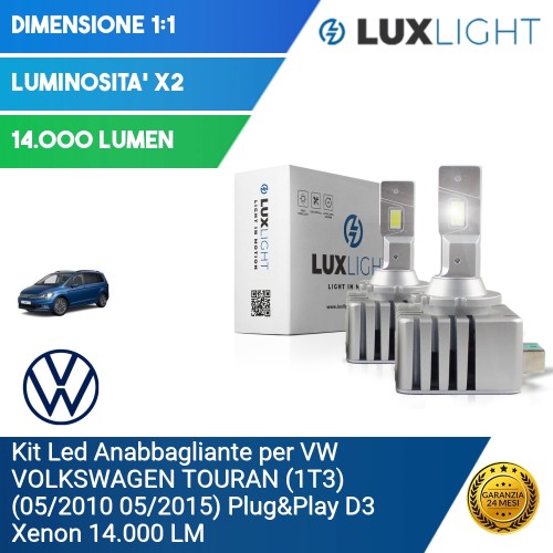 Kit Led Anabbagliante per VW VOLKSWAGEN TOURAN (1T3) (05/2010 05/2015) Plug&Play D3 Xenon 14.000 LM