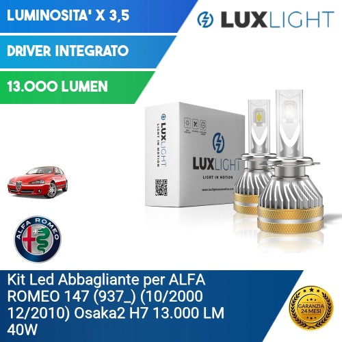 Kit Led Abbagliante per ALFA ROMEO 147 (937_) (10/2000 12/2010) Osaka2 H7 13.000 LM 40W