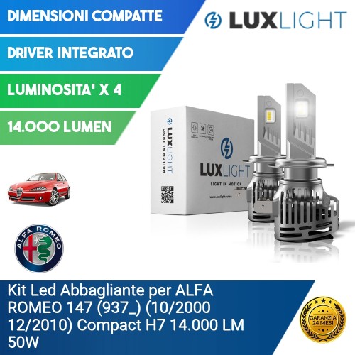 Kit Led Abbagliante per ALFA ROMEO 147 (937_) (10/2000 12/2010) Compact H7 14.000 LM 50W