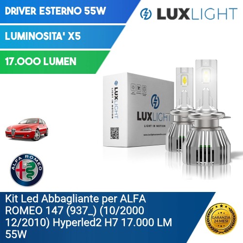 Kit Led Abbagliante per ALFA ROMEO 147 (937_) (10/2000 12/2010) Hyperled2 H7 17.000 LM 55W