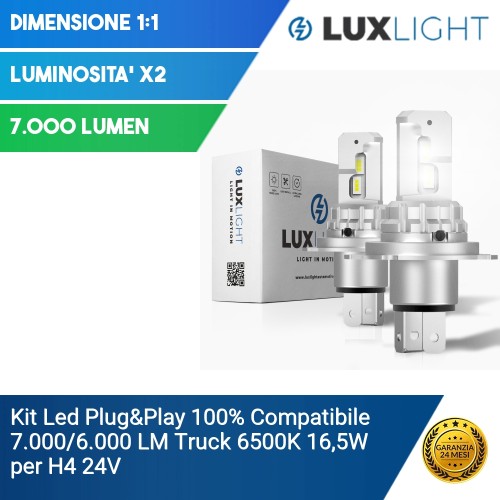 Kit Led Plug&Play 100% Compatibile 7.000/6.000 LM Truck 6500K 16,5W per H4 24V