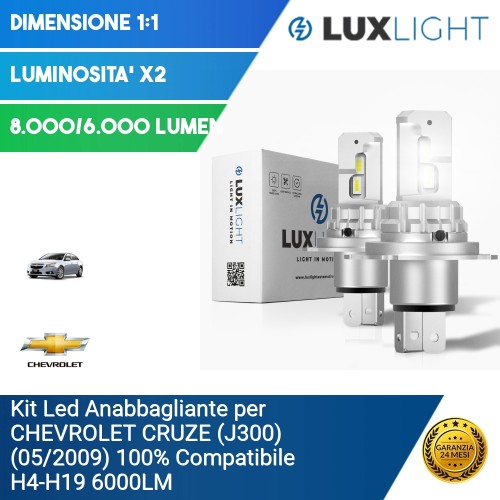 Kit Led Anabbagliante per CHEVROLET CRUZE (J300) (05/2009) 100% Compatibile H4-H19 6000LM