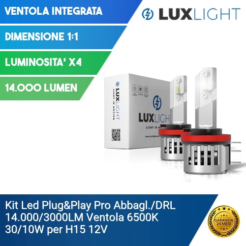 Kit Led Plug&Play Pro Abbagl./DRL 14.000/3000LM Ventola 6500K 30/10W per H15 12V