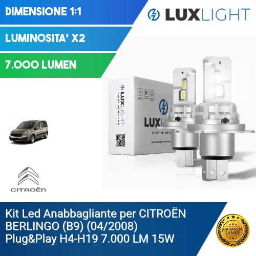 Kit Led Anabbagliante per CITROËN BERLINGO (B9) (04/2008) Plug&Play H4-H19 7.000 LM 15W