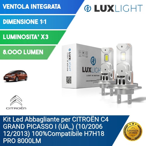 Kit Led Abbagliante per CITROËN C4 GRAND PICASSO I (UA_) (10/2006 12/2013) 100%Compatibile H7H18 PRO 8000LM