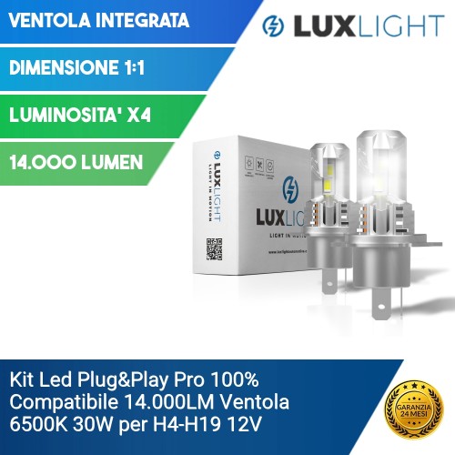 Kit Led Plug&Play Pro 100% Compatibile 14.000LM Ventola 6500K 30W per H4-H19 12V