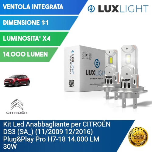 Kit Led Anabbagliante per CITROËN DS3 (SA_) (11/2009 12/2016) Plug&Play Pro H7-18 14.000 LM 30W