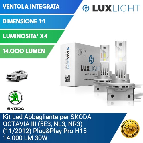 Kit Led Abbagliante per SKODA OCTAVIA III (5E3, NL3, NR3) (11/2012) Plug&Play Pro H15 14.000 LM 30W