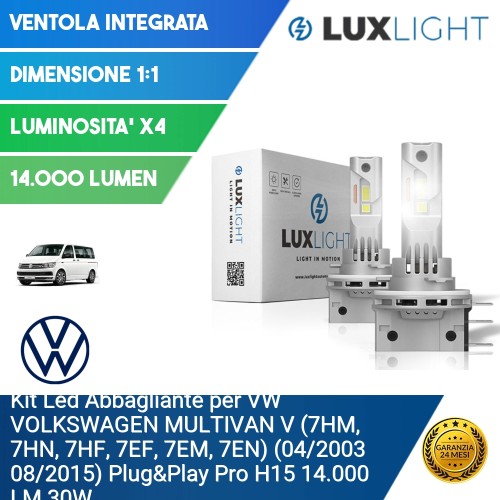 Kit Led Abbagliante per VW VOLKSWAGEN MULTIVAN V (7HM, 7HN, 7HF, 7EF, 7EM, 7EN) (04/2003 08/2015) Plug&Play Pro H15 14.000 LM 30