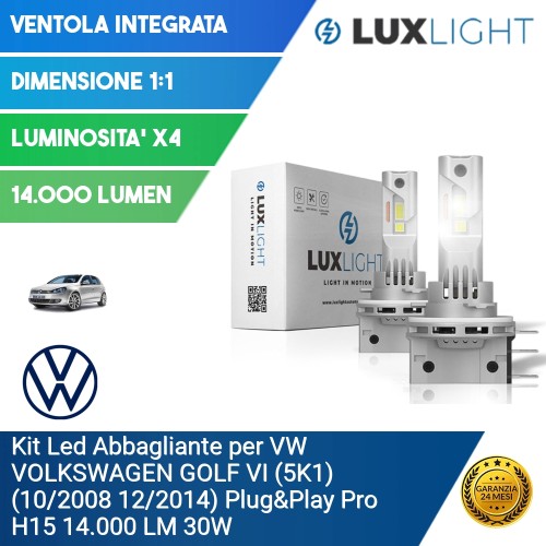 Kit Led Abbagliante per VW VOLKSWAGEN GOLF VI (5K1) (10/2008 12/2014) Plug&Play Pro H15 14.000 LM 30W