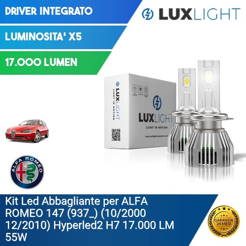 Kit Led Abbagliante per ALFA ROMEO 147 (937_) (10/2000 12/2010) Hyperled2 H7 17.000 LM 55W