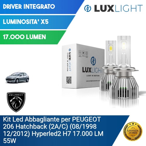 Kit Led Abbagliante per PEUGEOT 206 Hatchback (2A/C) (08/1998 12/2012) Hyperled2 H7 17.000 LM 55W