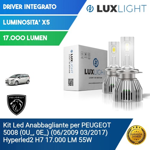 Kit Led Anabbagliante per PEUGEOT 5008 (0U_, 0E_) (06/2009 03/2017) Hyperled2 H7 17.000 LM 55W