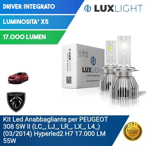 Kit Led Anabbagliante per PEUGEOT 308 SW II (LC_, LJ_, LR_, LX_, L4_) (03/2014) Hyperled2 H7 17.000 LM 55W