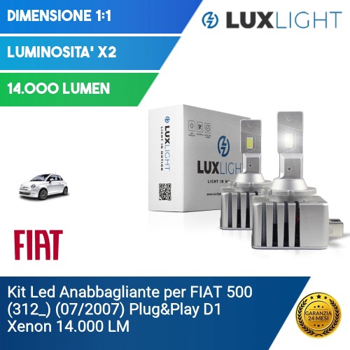 Kit Led Anabbagliante per FIAT 500 (312_) (07/2007) Plug&Play D1 Xenon 14.000 LM