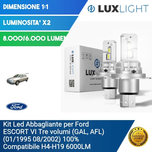 Kit Led Abbagliante per Ford ESCORT VI Tre volumi (GAL, AFL) (01/1995 08/2002) 100% Compatibile H4-H19 6000LM