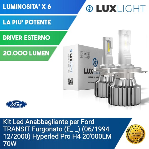 Kit Led Anabbagliante per Ford TRANSIT Furgonato (E_ _) (06/1994 12/2000) Hyperled Pro H4 20'000LM 70W