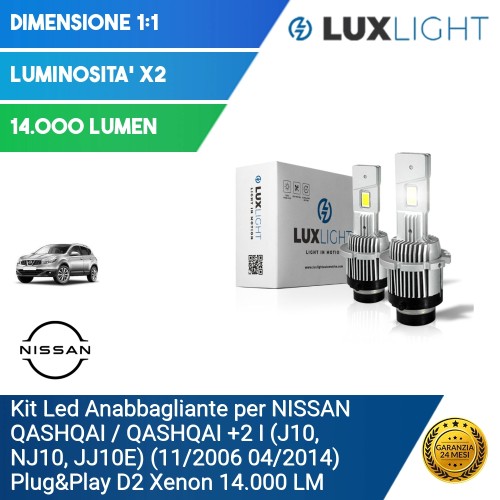 Kit Led Anabbagliante per NISSAN QASHQAI / QASHQAI +2 I (J10, NJ10, JJ10E) (11/2006 04/2014) Plug&Play D2 Xenon 14.000 LM