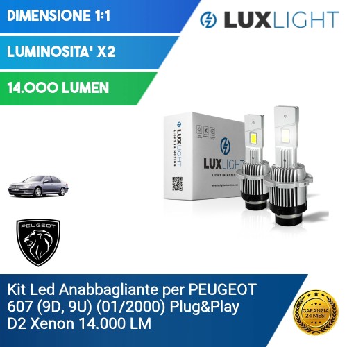 Kit Led Anabbagliante per PEUGEOT 607 (9D, 9U) (01/2000) Plug&Play D2 Xenon 14.000 LM
