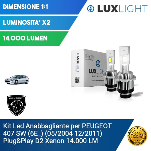 Kit Led Anabbagliante per PEUGEOT 407 SW (6E_) (05/2004 12/2011) Plug&Play D2 Xenon 14.000 LM
